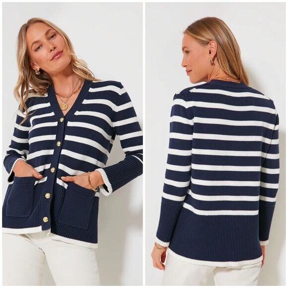 Tuckernuck Navy White Striped Kerry Cardigan Size Small Knit Sweater Preppy - Picture 1 of 11